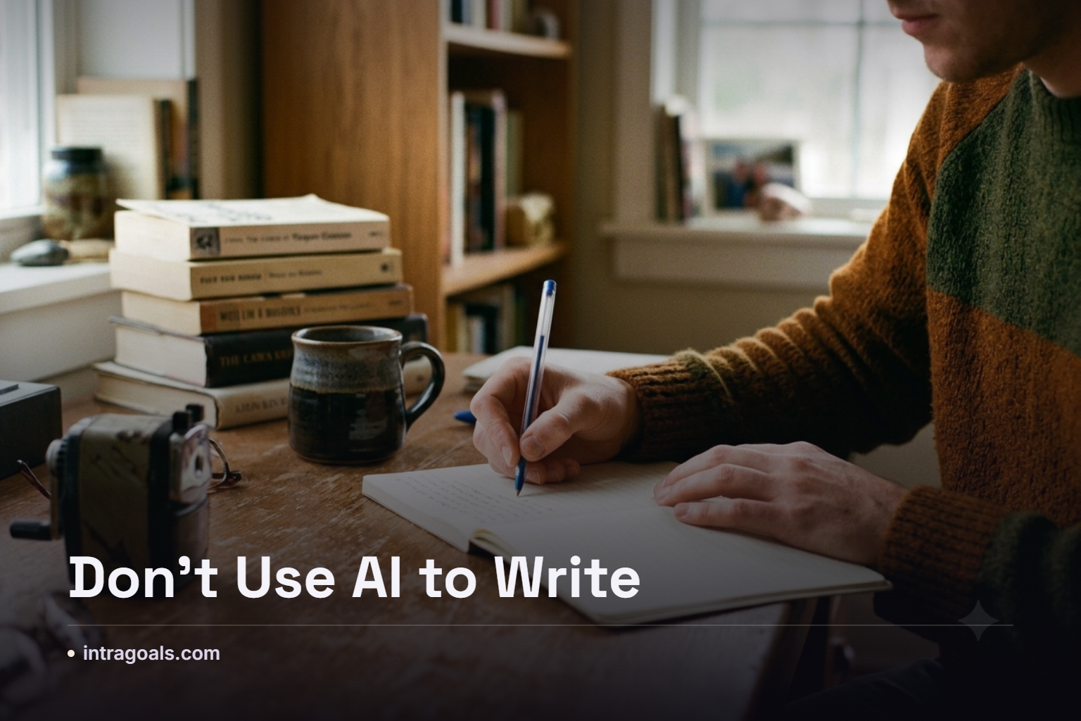 Person writing by hand at a desk with a laptop showing an AI chat interface nearby