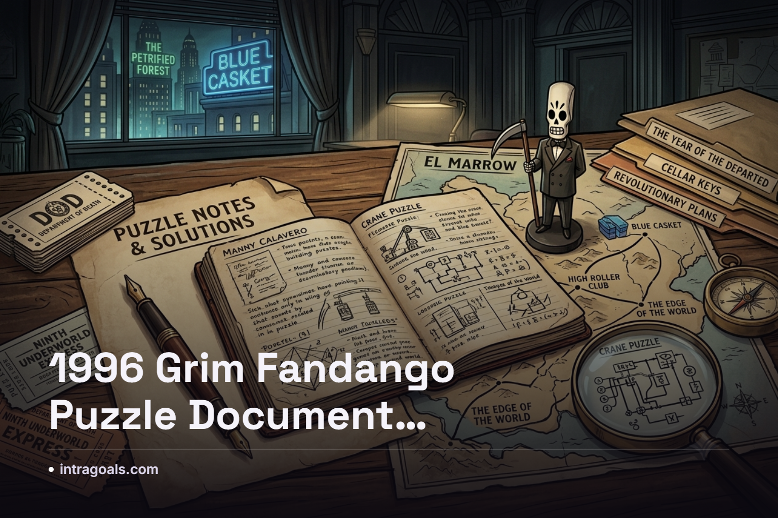 Scanned page from a 1996 Grim Fandango game design document detailing puzzle mechanics