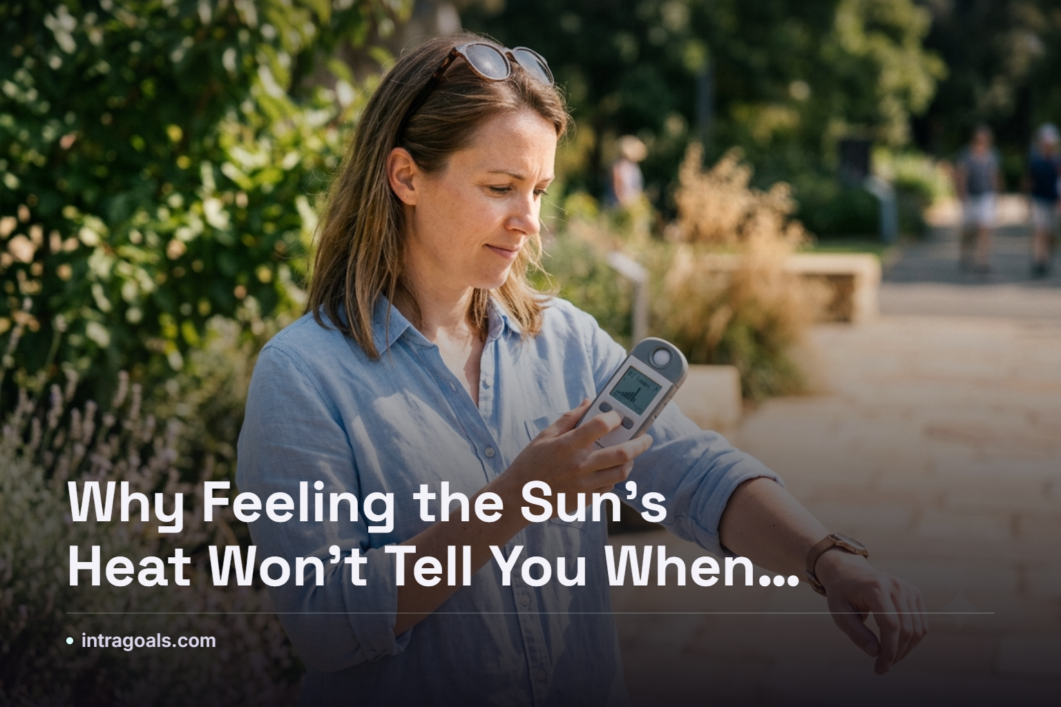 Person standing in sunlight on a partly cloudy day, illustrating that warmth doesn't indicate UV sunburn risk